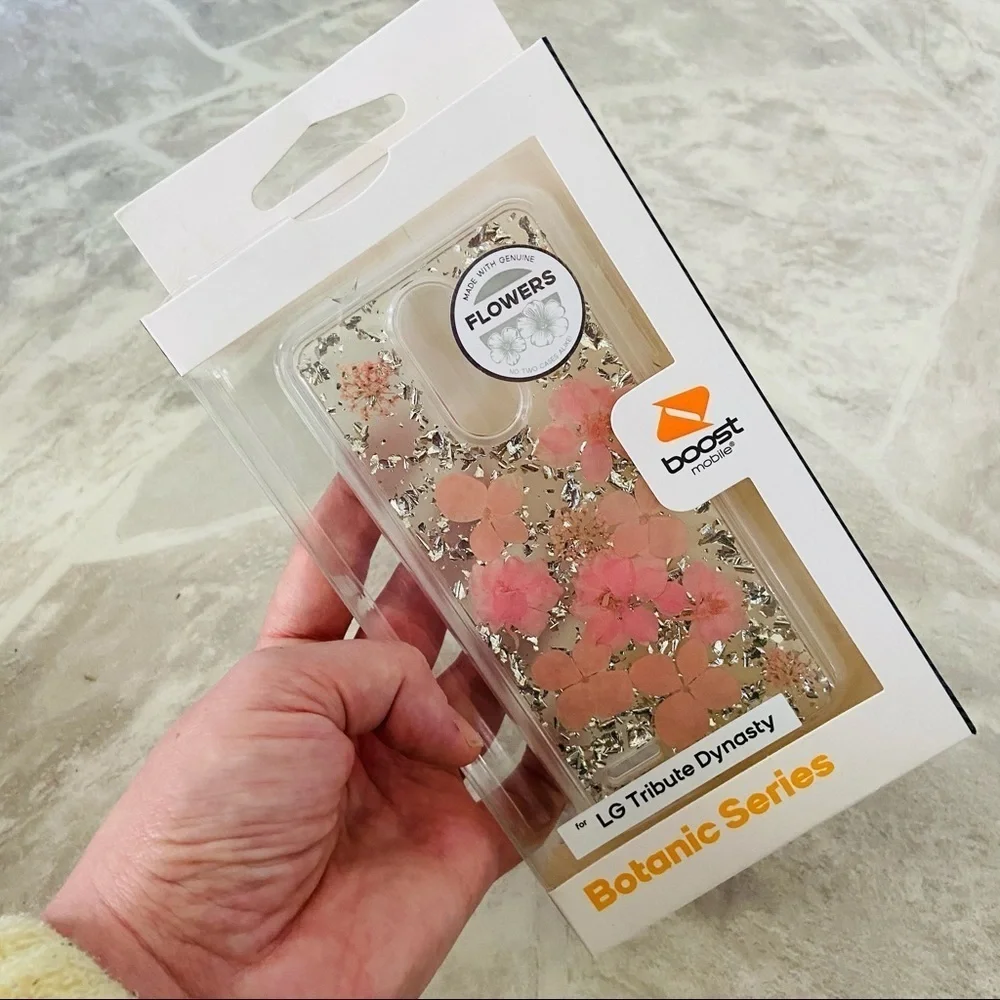 LG tribute dynasty pink silver sparkly pressed flower Botanic series phone case